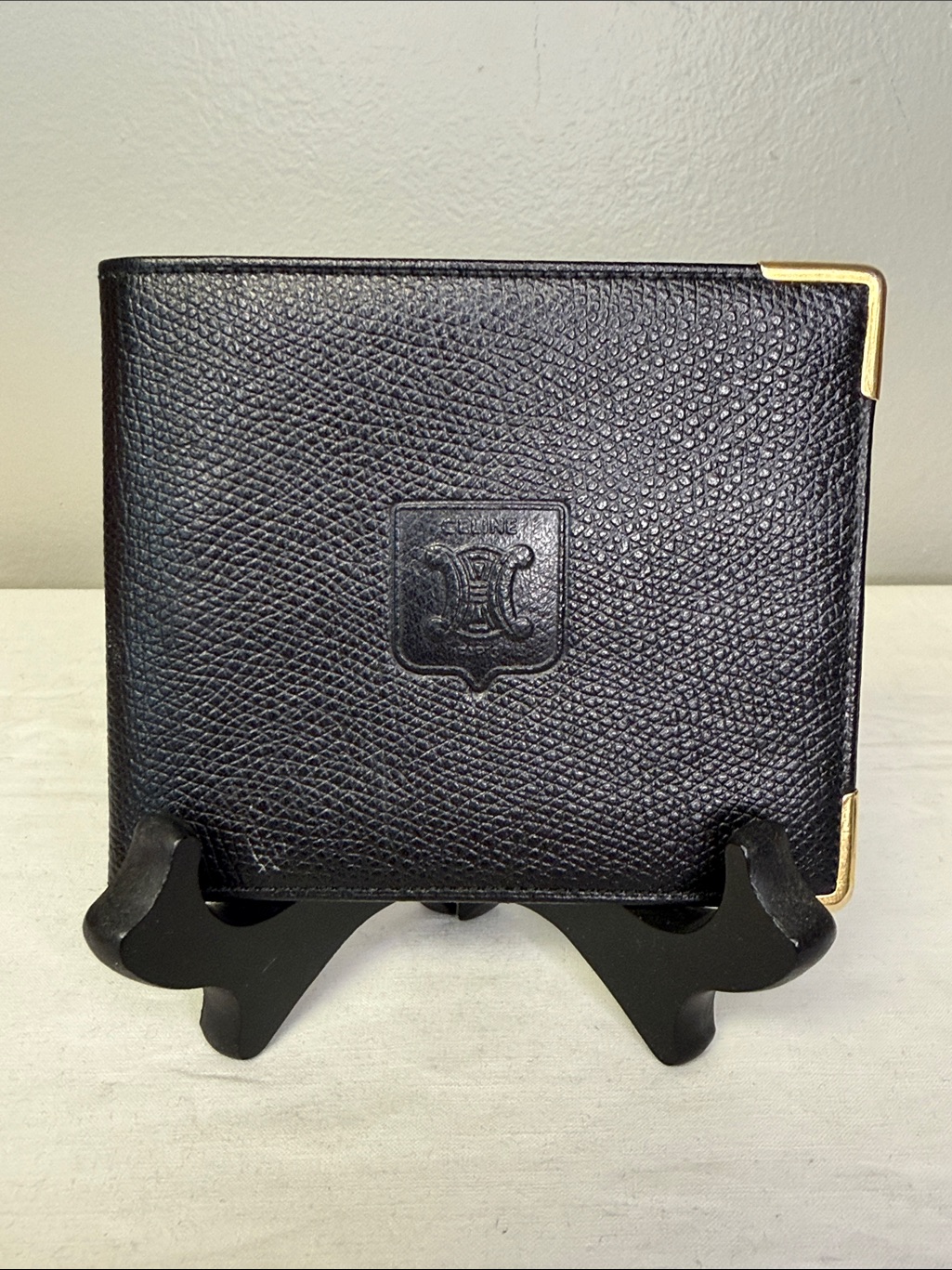 Celine Macadam Black Leather Bifold Wallet Gold Tone Corner Hardware